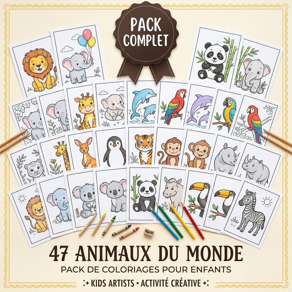Pack Complet — 47 Animaux du Monde à Colorier